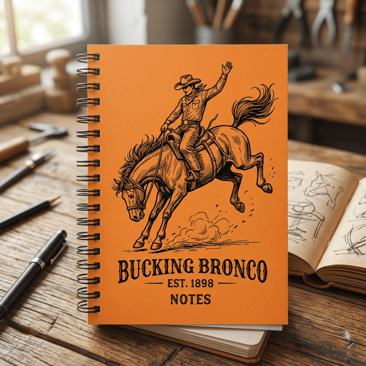 Orange spiral notebook cover with a black illustration of a cowboy riding a bucking bronco and text reading 'Bucking Bronco Est. 1898 Notes'