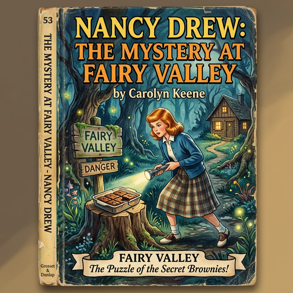 Nancy Drew shining flashlight on a glowing brownies dish on tree stump in Fairy Valley forest with a house in the background